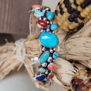 Stunning Native American Navajo Nakai Turquoise & Gemstone Sterling Bracelet 💙❤